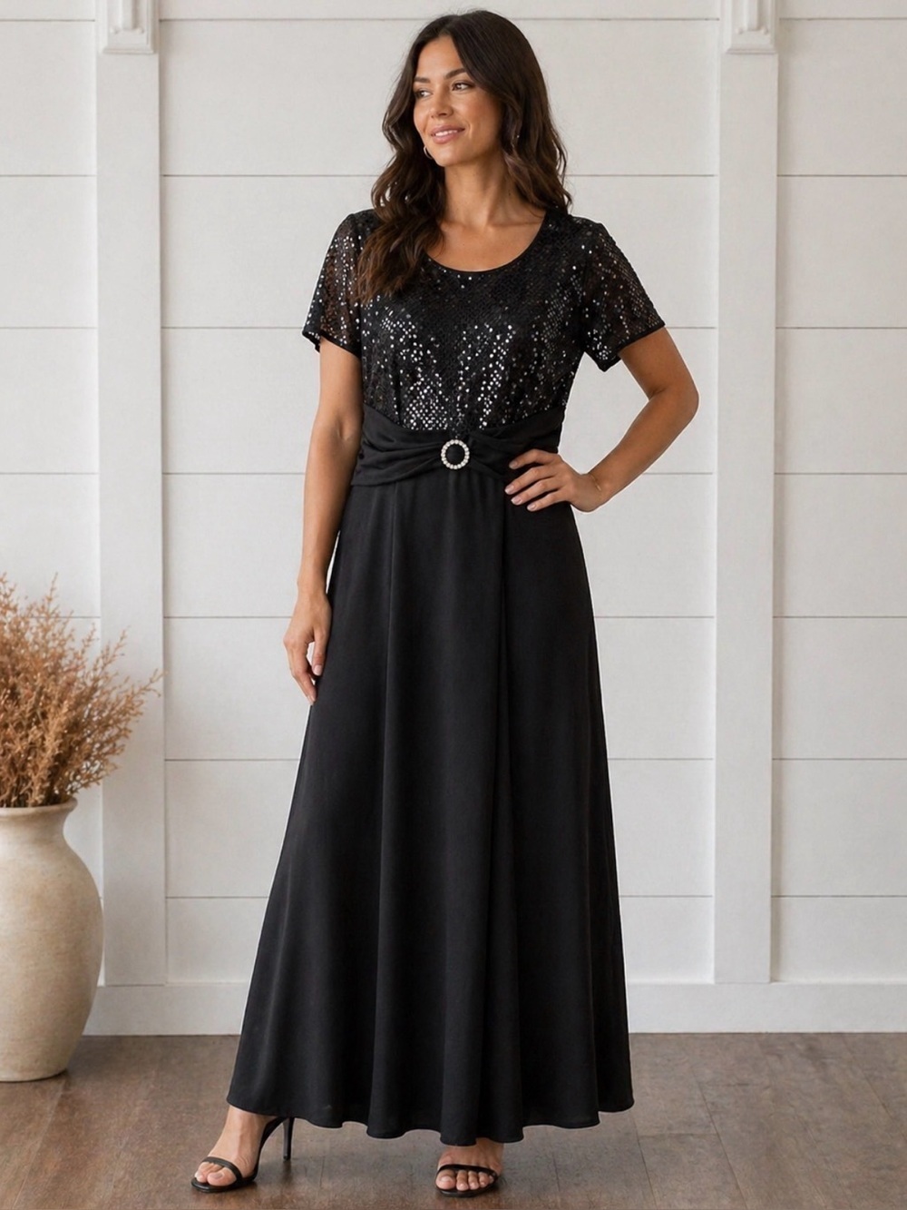Molly Malloy Black Sequin Top Evening Dress Size 14 Formal Party Midi Dress